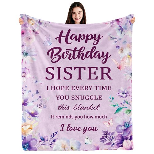 Happy Birthday Sister Blanket, Sister Birthday Gifts, Happy Birthdays Gifts for Sisters, Birthdays Present for Sisters, Soft Flannel Throw Blanket, Purple, 50"X60"