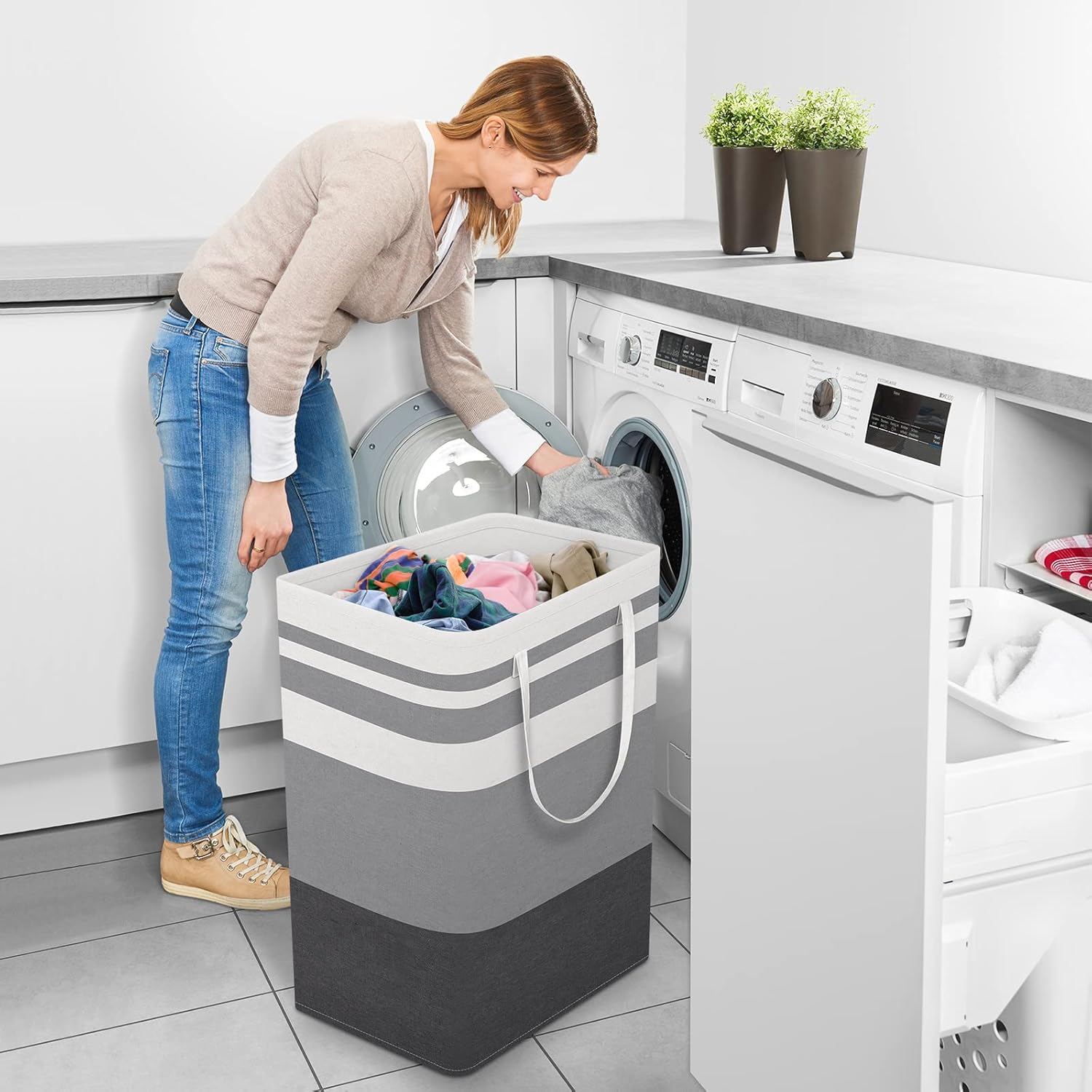 StorageRight Large Laundry Basket - Collapsible Hamper with Easy Carry Handles | 75L Gradient Grey for Bedroom, Dorm, Towels, Toys
