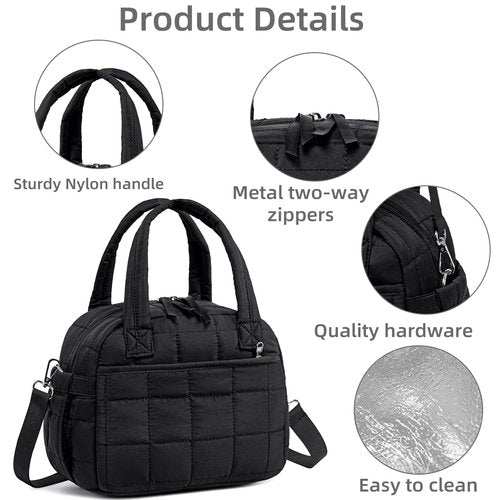 LEDAOU Insulated Lunch Box for Women Black Adult Girls Lunch Bag Quilted Puffer Lunchbox with Adjustable Strap Reusable Lunch Bags for Work School Picnic Travel