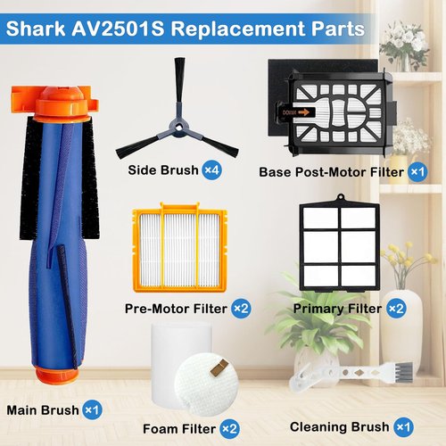 Replacement Parts for Shark AI AV2501S AV2501AE AV2511AE RV2502AE AV2510AOUS RV2520AOUS RV2610WA RV2610WD Accessories Kit with Main Brush, Side Brush, Filters, Primary Filter, Foam Filter and Brush