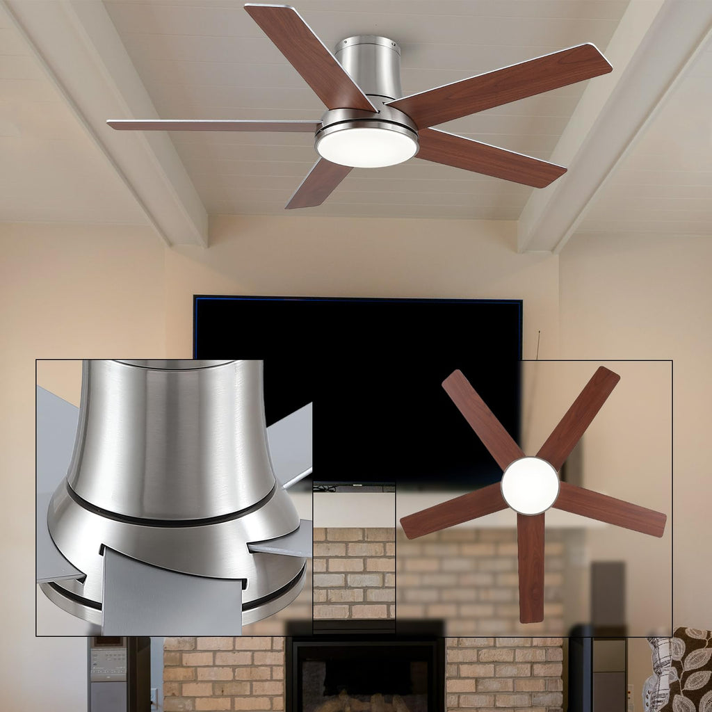 Realmate 52 Inch Ceiling Fans with Lights and Remote,Nickel Flush Mount Ceiling Fan,Quiet 6 Speed Reversible DC Motor,3CCT Dimmable LED,3 Timers-Low Profile Design for Bedroom Kids Room Living Room