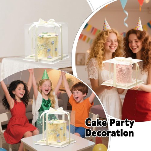 24 Pcs Clear Gift Box with Ribbon 3-Layer 10x10x12 Inch, Transparent Cake Carrier Box with Lids, PET Tall Cake Packaging Boxes, Clear Gift Boxes for Birthday,Wedding and Festival Party