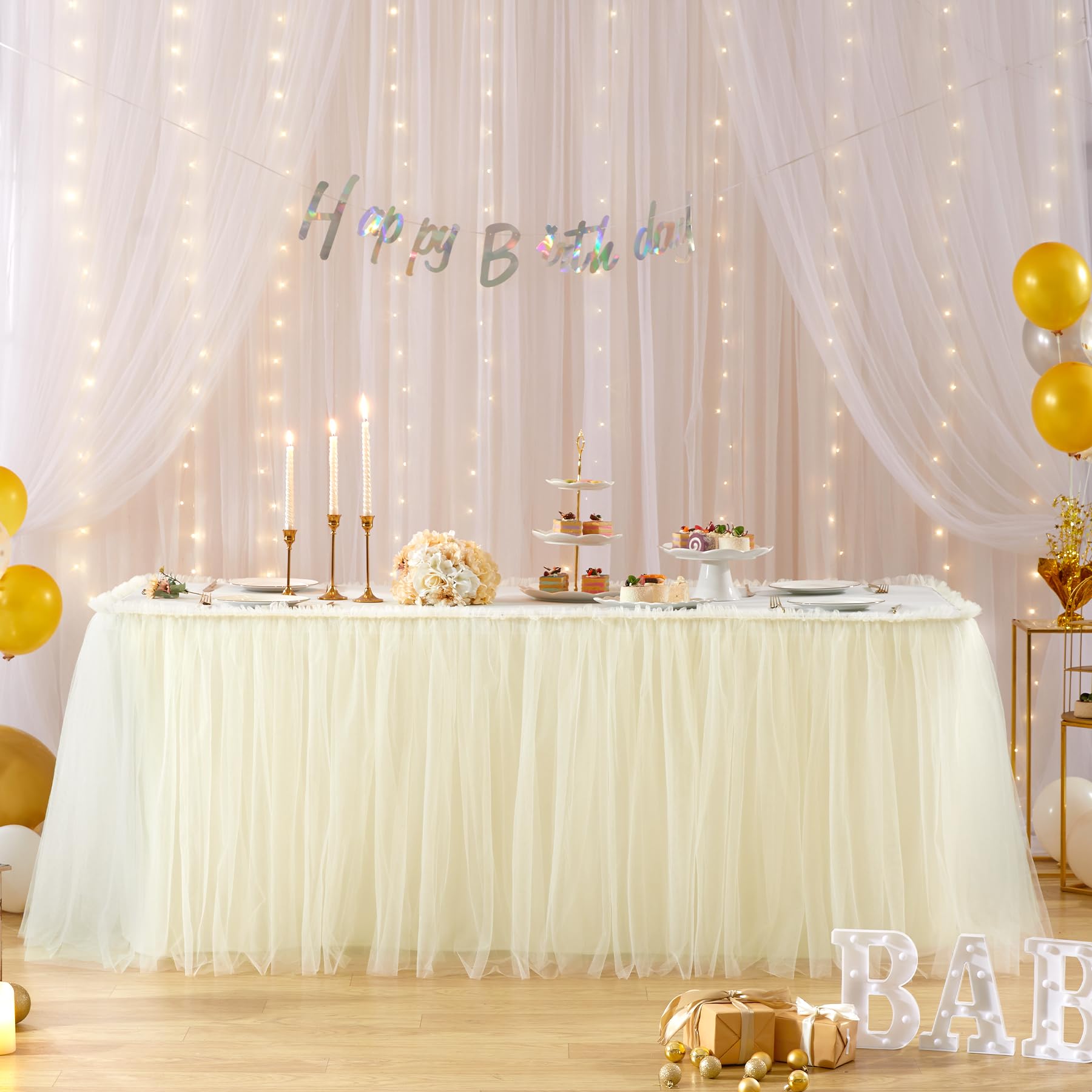 PARTISKY 21FT Length Champagne Tulle Table Skirt for Rectangle Tables 2-Layer Ruffle Tulle Tutu Cloth Desk Table Skirt for Baby Shower Girl Birthday Party Wedding Cake Dessert Decorations