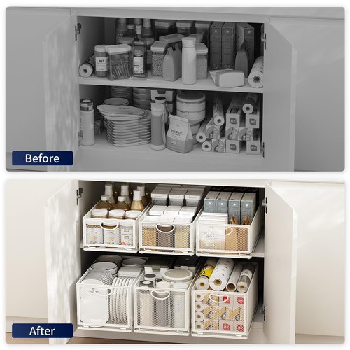 AmzAge 2 Pack Pull Out Cabinet Organizer, No Drill Adhesive Sliding Drawers for Kitchen, Metal Mesh Wire Storage Shelf for Pantry & Under Sink, White (9.6" W x 11.8" D x 3.9" H)