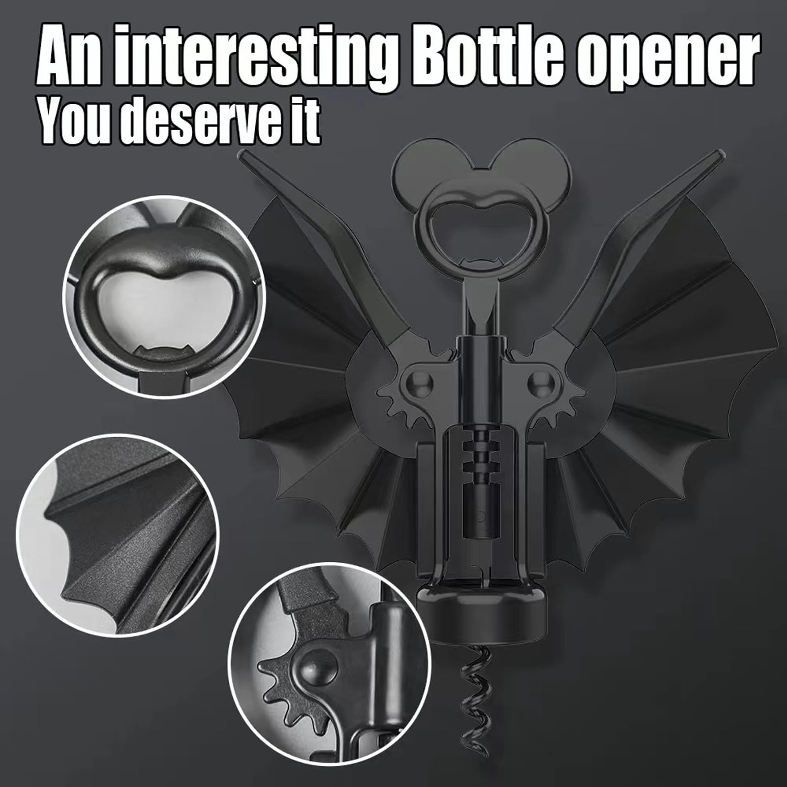 Bat Wine Opener，2025 NEW Winged Bat Shape Red Wine Beer ，Spooky Corkscrew Bottle Opener，2-in-1 Bottle Opener for Home Party, Gift for BarClub Lovers
