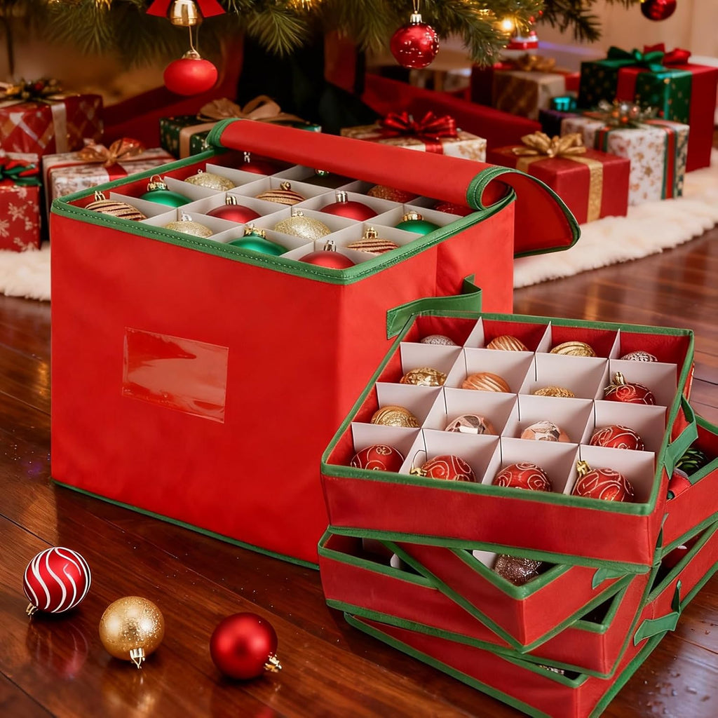 Regine Switzerland Christmas Ornament Storage Box - Holds Up To 64 Ornaments | Red Oxford Canvas With 4 Removable Trays