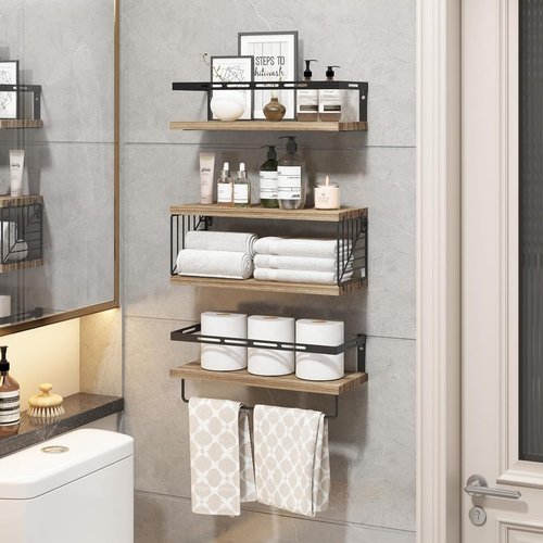 Fixwal Bathroom Shelves - Wall-Mounted Floating Shelves with Metal Frame & Towel Bar | Rustic Brown (3 Plus 1)