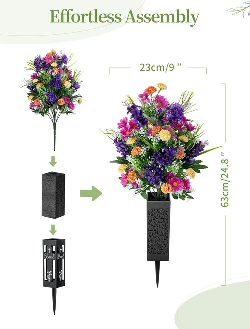 Memobloom Artificial Cemetery Flowers for Grave: Memorial Day Flowers for Cemetery - Outdoor Grave Decorations - 2 Pcs Purple Violet Mums Bouquets with Vases
