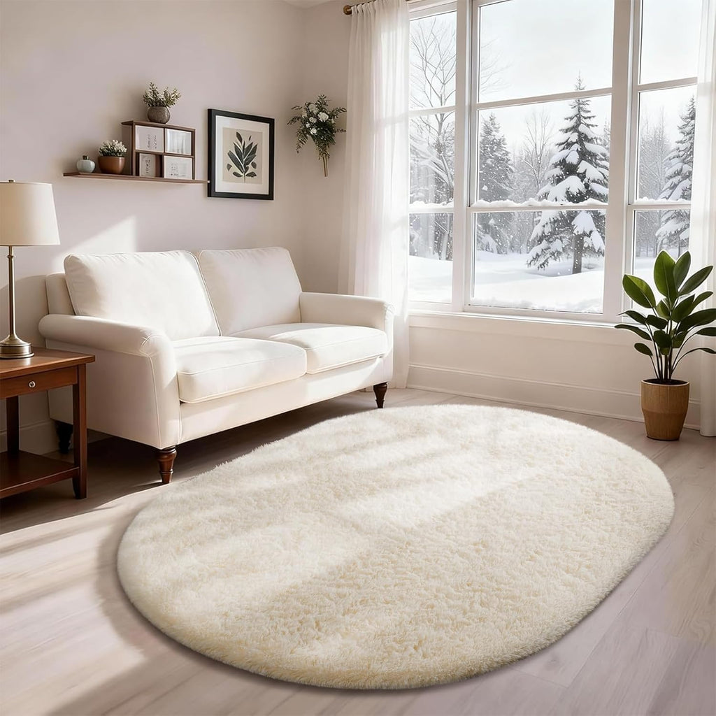 Ophanie 4x6 Oval Ivory Rug - Plush Soft Shaggy Carpet for Bedroom & Living Room Decor