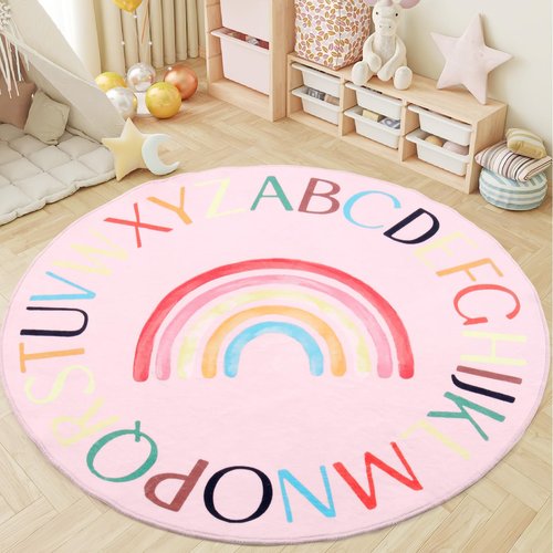 Truqual Nursery Rug Round Rainbow Classroom Rug Elementary, Non-Slip Rainbow Rug for Girls Room, Extra Large Learning Carpet for Kids Playroom, Circle Play Mat for Toddlers