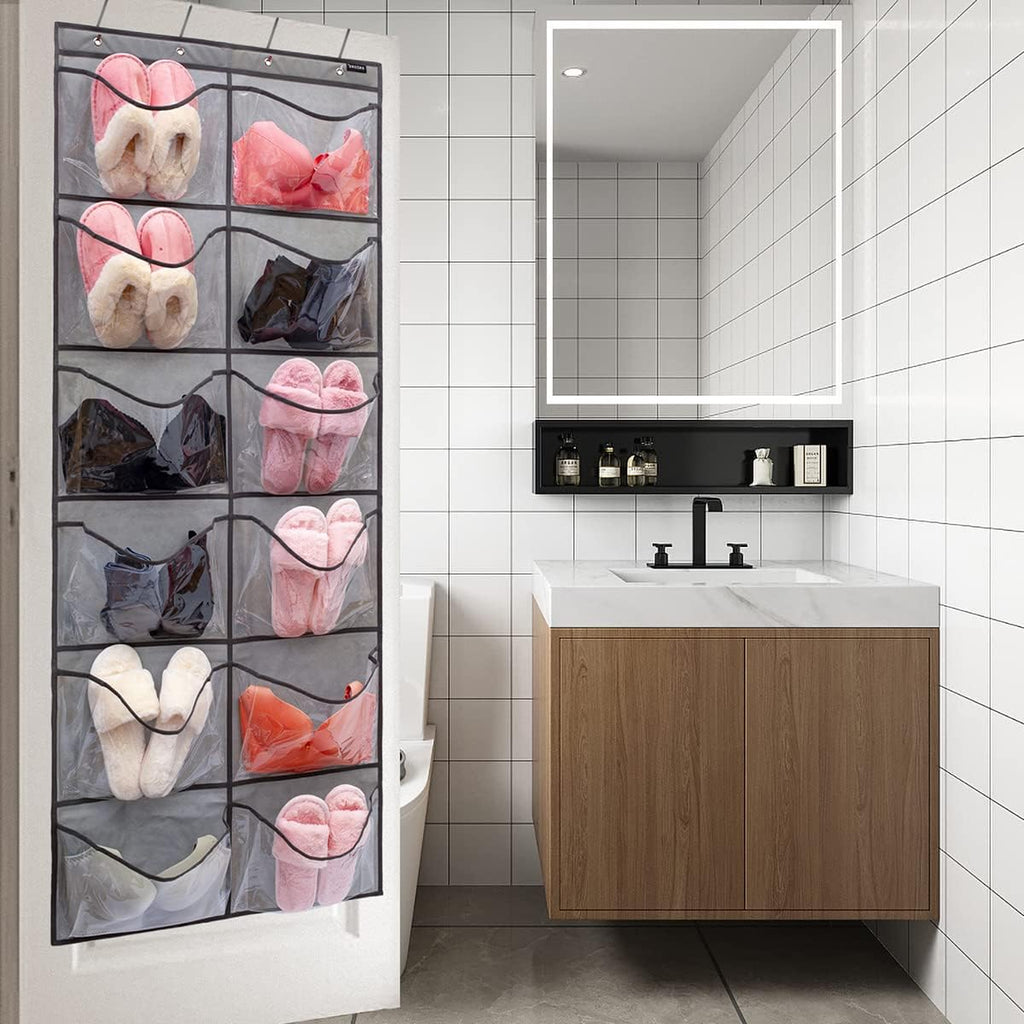Skiennix Extra Large Shoe Organizer - 12 Clear Pockets for Bedroom & Bathroom Storage | Grey