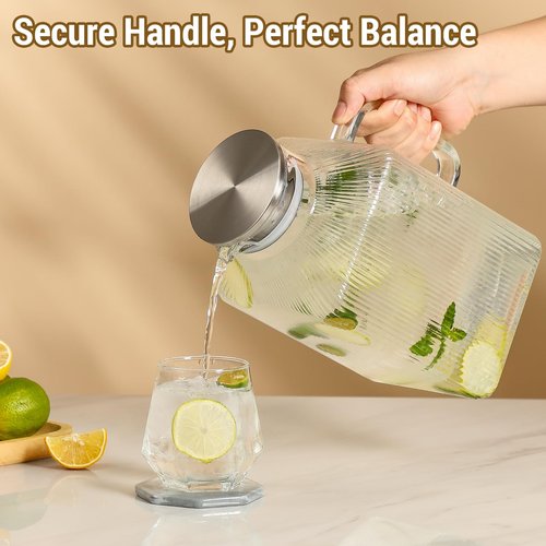 1 Gallon thickened Square Glass Pitcher with Lid, Classic Stripes Water Pitchers for Fridge, Borosilicate Glass Carafe for Hot/Cold Brew Drink, Extra Large Jug with Handle for Iced Tea, Coffee, Juice