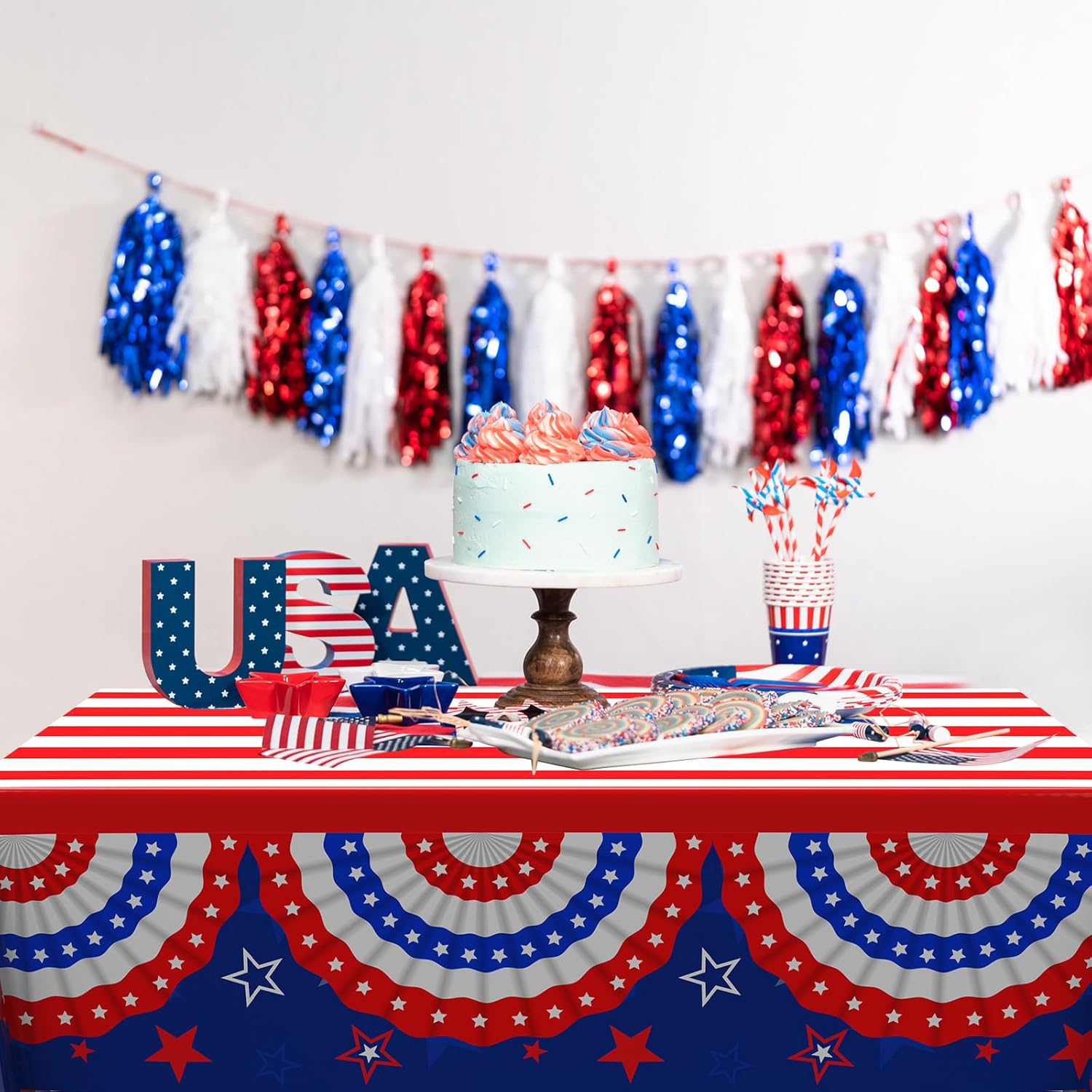 Oudain Patriotic Tablecloths - 6 Pcs 54" x 108" Disposable Red, Blue & White for 4th of July & Memorial Day