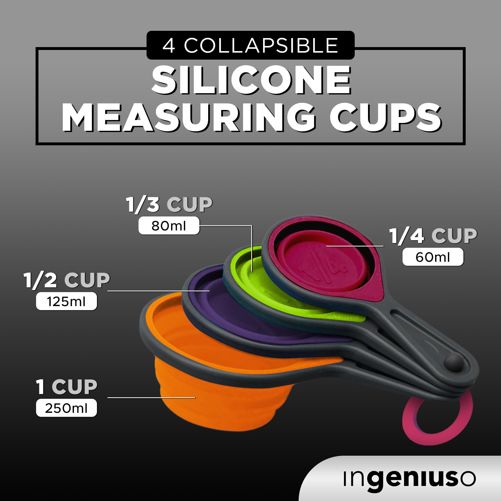 Collapsible Measuring Cups and Nesting Spoons - Adjustable Silicone for Cooking, used for Liquid and Dry Kitchen Items - Portable Portion Control, Dog Food, Kids, Travel, Camper, Space-Saving - 1 Set