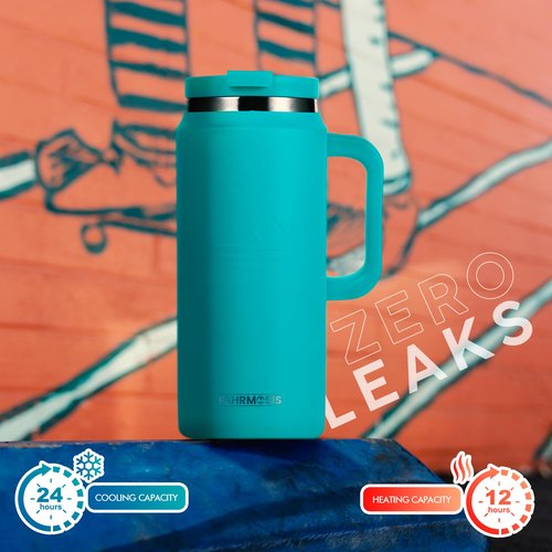 FAHRMOSIS 64 Oz Tumbler with Handle and Straw Half Gallon Water Bottle Stainless Steel Travel Mug for Hot & Cold Drinks, Reusable Water Bottle with Lids and Straw - Teal