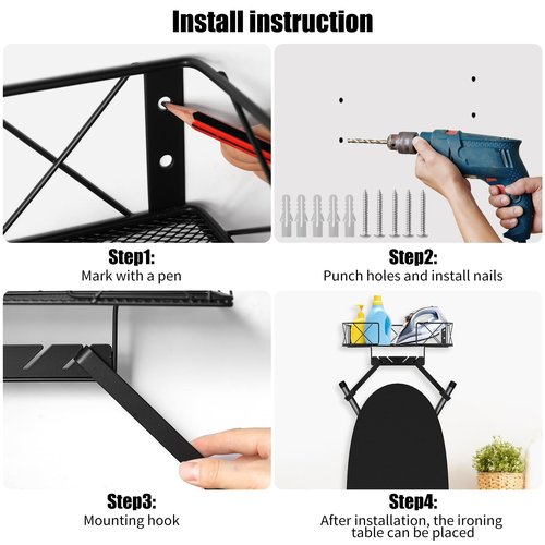 Ironing Board Hanger Wall Mount, Ironing Board Holder, Laundry Room Decor Organization and Storage with Large Storage Grid Base Basket and Removable Hooks(T&V Shaped) for Laundry/Living Room/Bathroom