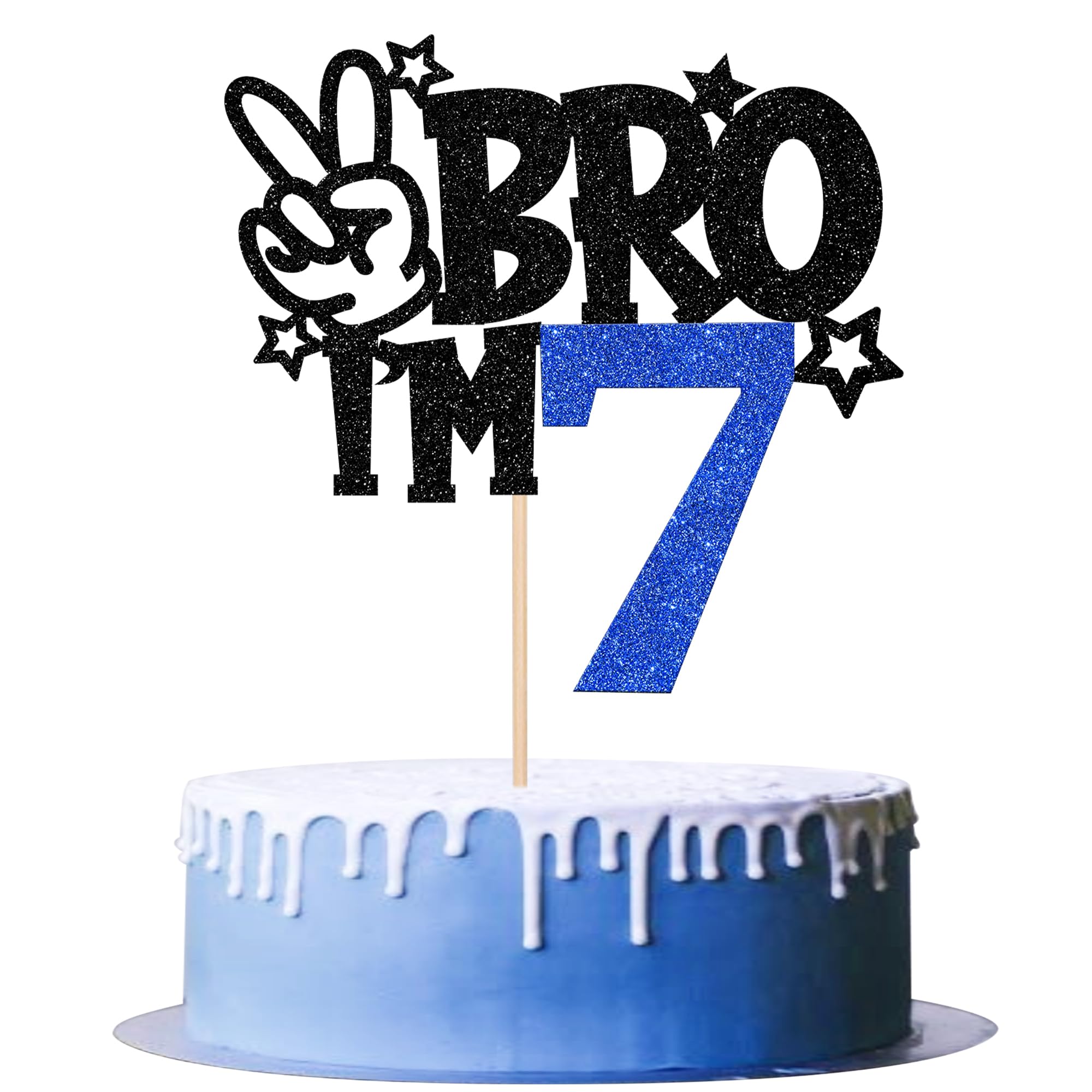 1 PCS Brother I'm 7 Cake Topper Glitter Star Happy 7th Birthday Cake Pick Bro I'm 7 Cake Decoration It's My 7th Birthday Decorations for Boys Cheers to 7 Years Old Birthday Party Supplies Blue