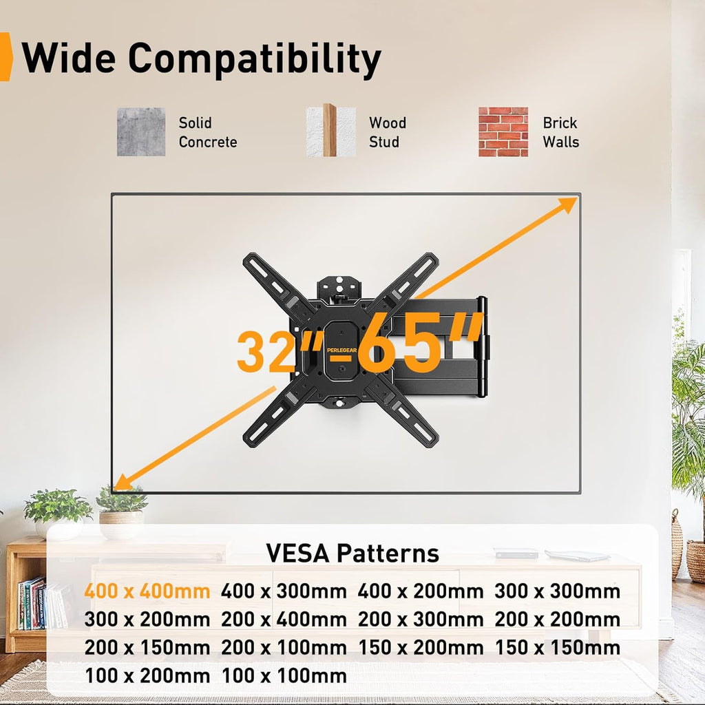 Perlegear Long Arm TV Wall Mount - Full Motion Bracket for 32-65" TVs | 37.4" Extension, Max VESA 400x400mm, Holds 110 lbs