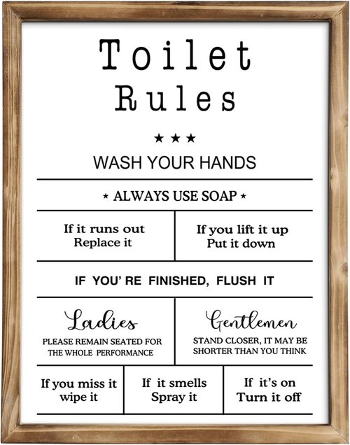 MODE HOME Farmhouse Wall Art - Funny Bathroom Rules Sign in Torched Brown Frame | 14x11 Inch Shabby Chic Decor