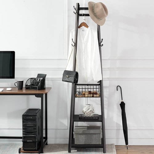 VECELO Coat Rack Freestanding,Hall Tree with Metal Basket and Storage Shelves,Industrial Coat Rack Stand with 8 Hooks for Hanging Coats/Hats/Bags/Umbrellas,18 x 18 x 72 In,Matte Black