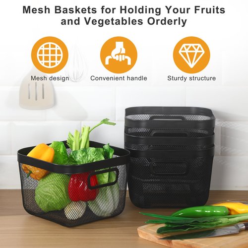 MorningRo 6 Pack Metal Mesh Basket with Hollow Handles Black Wire Storage Bin for Organizing Stackable Metal Fine Mesh Basket for Pantry Bathroom Kitchen Cabinets Shelves (Medium)