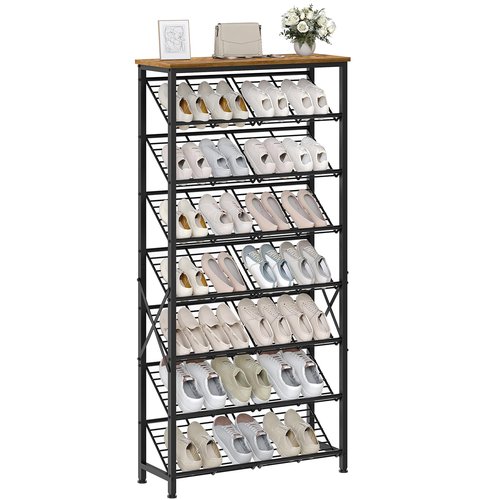 YATINEY 8-Tier Shoes Rack, Narrow Shoe Storage Organizer for Entryway, Slim Shoe Shelf with Wooden Panel, Large-Capacity Slanted Shoe Rack for Closet, Space Saving, Black and Rustic Brown SS26BR