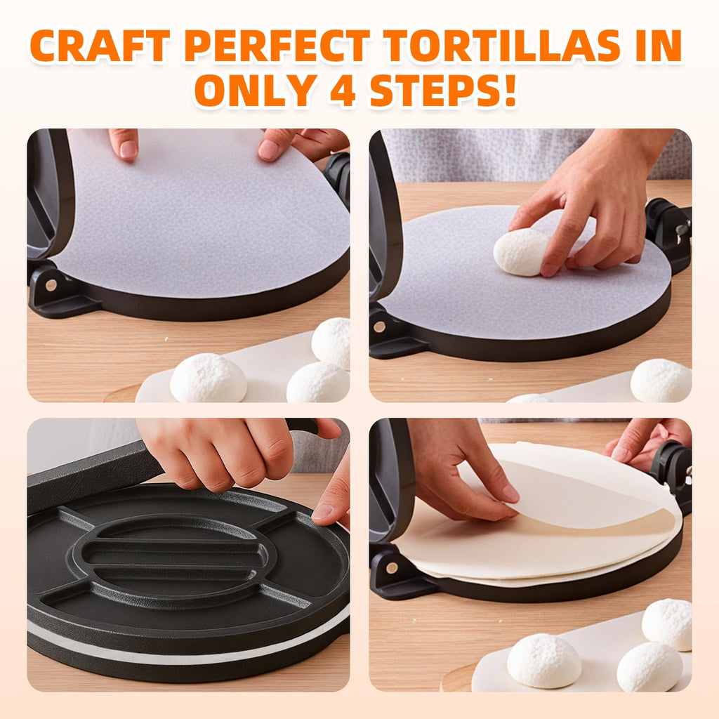 Xeoca 10 Inch Cast Iron Tortilla Press & Comal Pan Bundle, Include 100 Pcs Parchment Paper,Commercial-Grade Cast Iron Tortilla Maker, Roti Press, Non-Stick, Heat-Resistant, Black