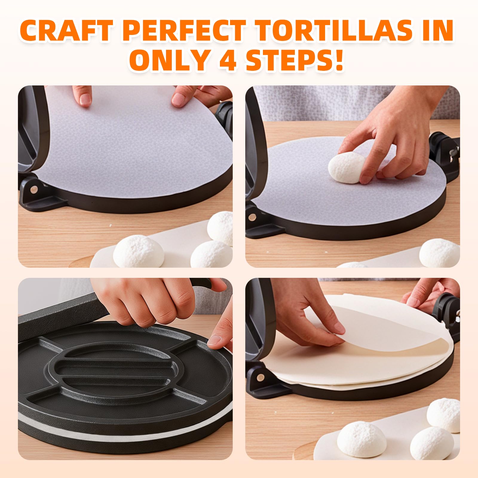 Xeoca 10 Inch Cast Iron Tortilla Press & Comal Pan Bundle, Include 100 Pcs Parchment Paper,Commercial-Grade Cast Iron Tortilla Maker, Roti Press, Non-Stick, Heat-Resistant, Black