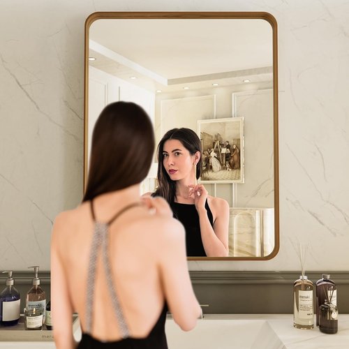 LOAAO Bathroom Mirror - 20X30 Inch Rounded Rectangle Design with Wood Grain Metal Frame | Anti-Rust, Versatile Hanging Options