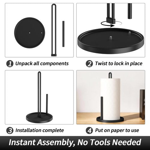 Paper Towel Holder Countertop, Freestanding Paper Towel Roll Holder with Weighted Base, Stainless Steel Standing Papertowel Holder for Kitchen, Matte Black