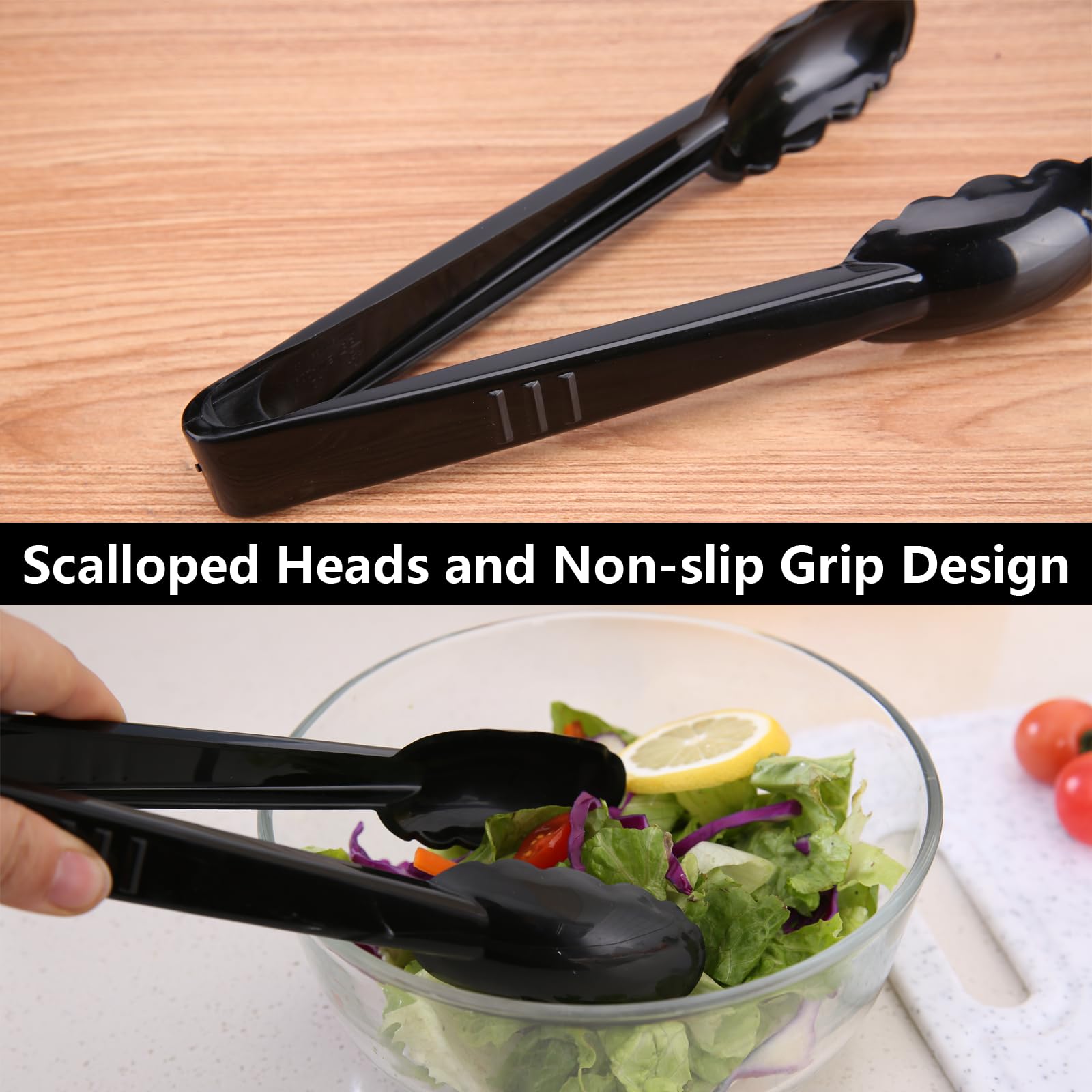 ICHROSAYA 24 Pieces Plastic Serving Tongs, Scalloped Grip Disposable Salad Tongs, 9" Heavy-Duty Serving Utensils, BPA-Free, Perfect for Buffets, BBQ, Parties & Catering Ice Food, Black