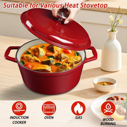 KOOMADE Dutch Oven Pot with Lid- 4.75 Quart Enameled Cast Iron Round Dutch Oven Stockpot With Dual Handles- Oven Safe up to 500°F, Heavy Duty Nonstick Cookware Safe for Bread Baking, Stews, Braising- Red (Red 4.75QT)