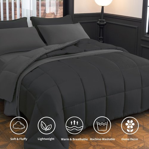 LETSLEEP Queen Size Comforter Set - 8-Piece Black Luxury Bedding with Reversible Microfiber Lightweight Comforter, Bed Skirt, Flat Sheets, Pillowcases & Pillow Shams