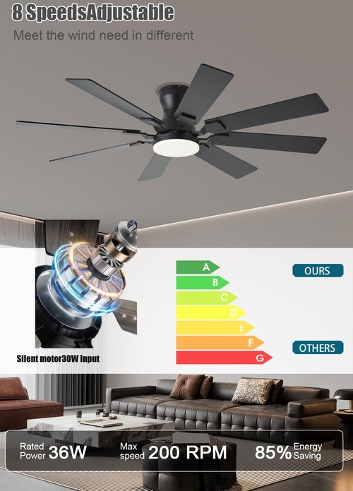 JSAITEE 52 inch Ceiling Fan with Light, 6 Speeds Reversible Low Profile Ceiling Fan with Light and Remote/APP Control, 3 Color Temp+Dimmable RGB, 8 Blades, Flush Mount Quiet Ceiling Fans, Black