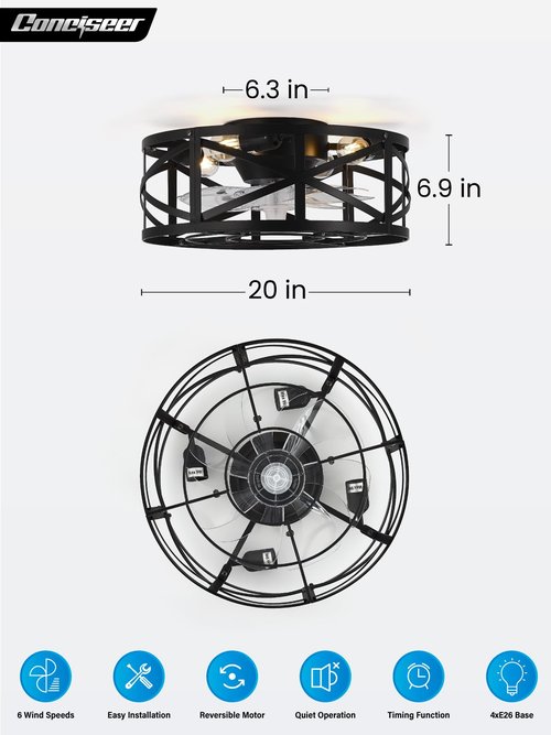 Conciseer 20 Inch Caged Ceiling Fans with Lights and Remote, Flush Mount, Low Profile 7 Blades, 6 Speed Reversible Quiet DC Motor for Bedroom, Kitchen and Living Room, Black