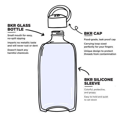 bkr - Little Smooth - Reusable Glass Water Bottle - 16oz - Fits in Cup Holder - Leakproof, Travel Friendly - BPA Free, Dishwasher Safe - Removable Silicone Sleeve & Carrying Loop - Dream