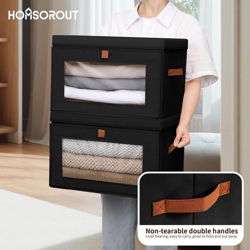 Homsorout Collapsible Storage Bins - Large Stackable Organizer Bins with Handles & Window | 4 Pack, Black