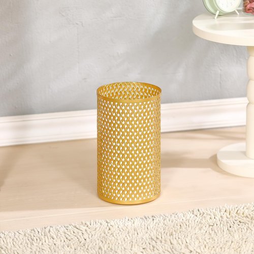 Wenbery Small Gold Trash Can for Bathroom, Metal Garbage Can for Offices, Decorative Hollow-Out Garbage Can Waste Paper Bin, 7" W X 7" L X 12" H