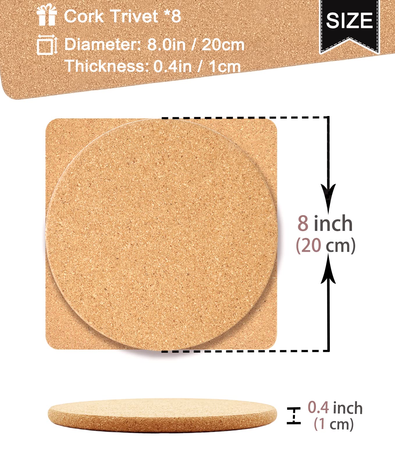 KITLAB Cork Trivet, High Density Fine Particle Thick Cork Trivets for Hot Dishes, 8 Inch Heat Resistant Coaster, Placemats Hot Pads for Pots and Pans, 8 Pcs, 8x0.4 Inch, Round and Square (KTLBCT26)