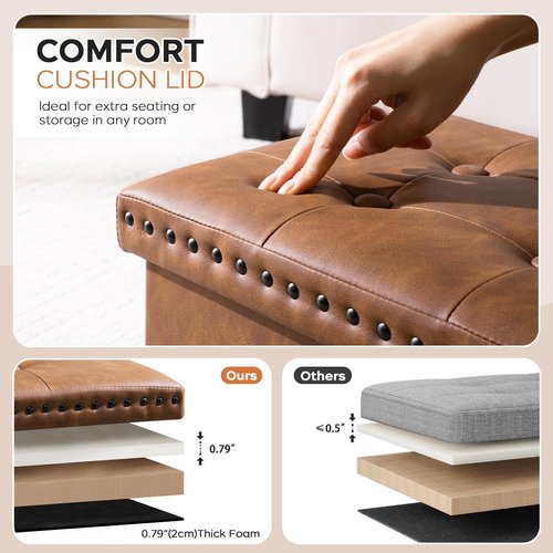 oakvivo 30 Inches Folding Storage Ottoman Bench, Ottoman PU Leather Tuffed End of Bed Bench, Foot Rest with Rivet Design, Ottoman with Storage, Load 330 lb, for Living Room, Bedroom, Entryway, Brown