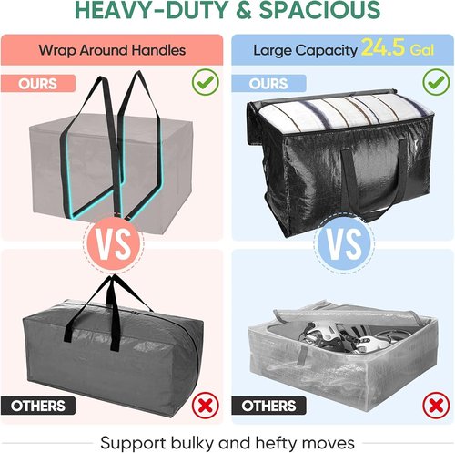 BALEINE Heavy-Duty Moving Bags - 4-Pack Oversized Storage Totes with Reinforced Handles | Black