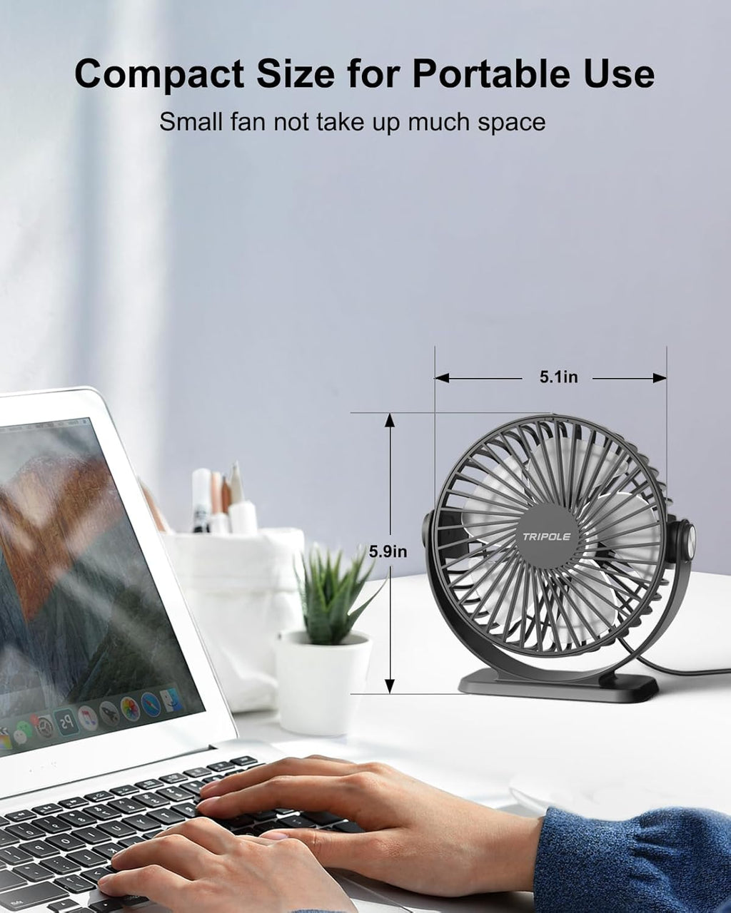 TriPole USB Powered Mini Desk Fan - 3 Speeds, 360° Rotation, Strong Airflow | 5.1 Inch Black