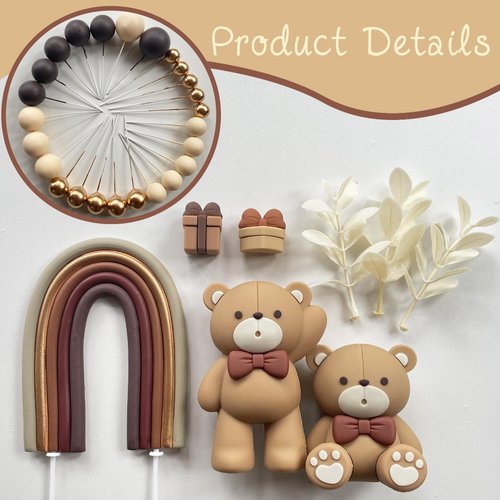 SONICEBUY 33Pcs Bear Cake Topper Boho Rainbow Cake Decorations with Beige Brown Bears Pearl Balls Rainbow Cake Pick for Boy Girl Baby Shower Gender Reveal Wedding Birthday Party Supplies