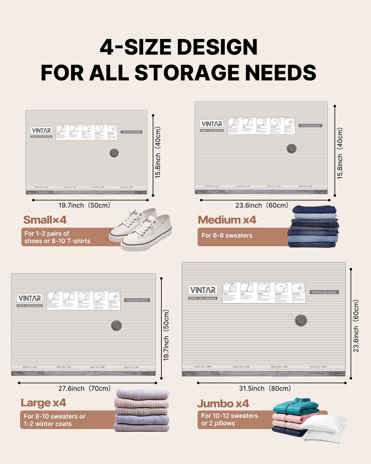 Vacuum Seal Bags for Clothing Travel, VINTAR 16 Pack Vacuum Storage Bags with Rechargeable Wireless Pump, Space Saver Bags(4 Jumbo+4 Large+4 Medium+4 Small) for Travel Luggage, Suitcase Storage