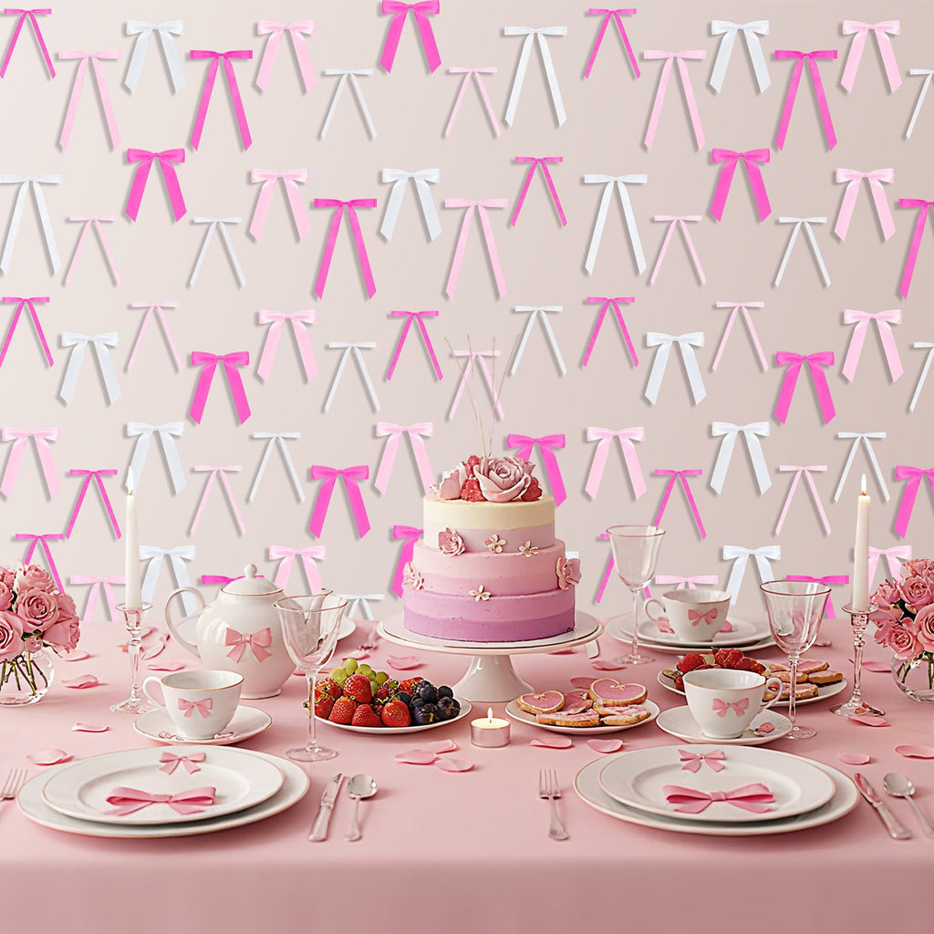 Suncalla 60 Pcs Bow Wall Decor, DIY Bows Party Decorations, Satin Ribbon Bow Garland Photo Backdrop for Birthday Baby Shower Bridal Shower Bachelorette Wedding Party Decor(Pink Series)