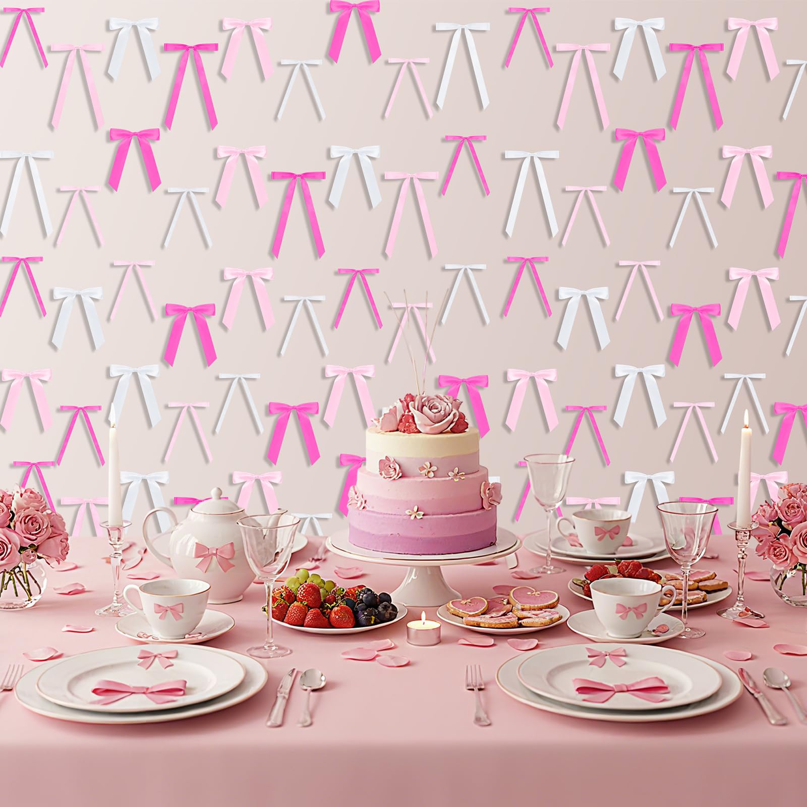 Suncalla 60 Pcs Bow Wall Decor, DIY Bows Party Decorations, Satin Ribbon Bow Garland Photo Backdrop for Birthday Baby Shower Bridal Shower Bachelorette Wedding Party Decor(Pink Series)