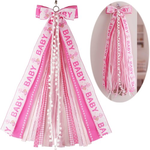 NUVCELKA Baby Girl Welcome Home Wreath Bow, 27.5" Large Pink 11-Layer Ribbon Door Hanger with Metal Clip for Front Door Baby Shower Nursery Decor