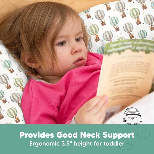 My Little Dreamy Toddler Pillow - Organic Cotton Travel Bed Pillow with Case, Soft & Breathable, 13x18 (Hot Air Balloon)