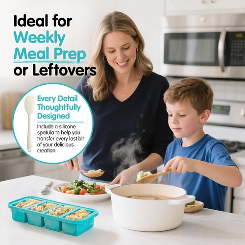 Extra Large Silicone Soup Cubes Freezer Tray With Lid 1 Cup, 2 Pack Silicone Freezer Molds 4-Cube Reusable Soup Storage Containers for Meal Prep, Leftovers & Baby Food
