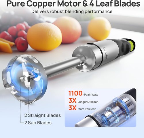 Consciot 10-in-1 Immersion Blender - 1100W Stainless Steel Shaft with Speed Control & Accessories